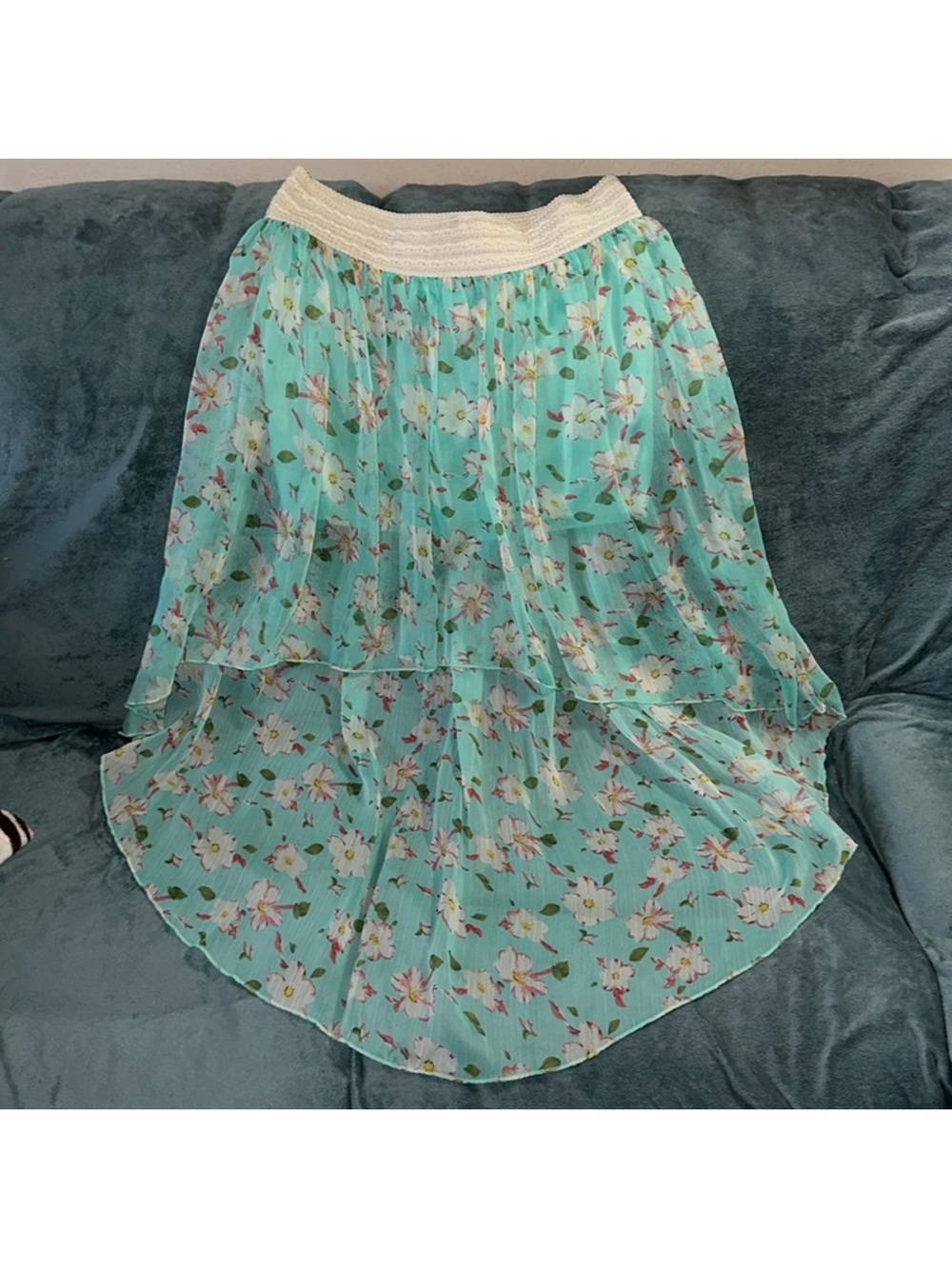 BB Couture large Floral Tiered high low Chiffon Skirt - Mint Green New